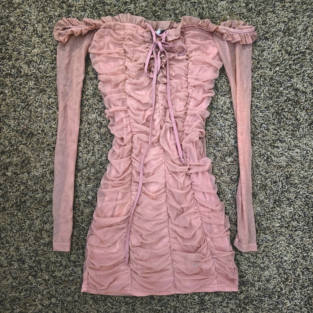 Fashion Nova Pink Ruched Mesh Mini Dress Off-Shoulder Size S